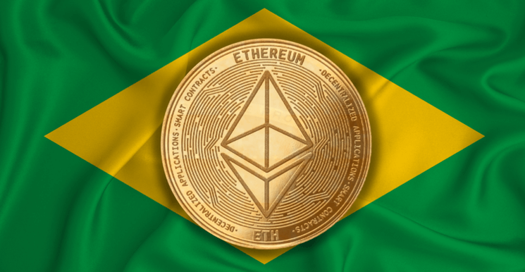 Die brasilianische Flagge mit darüber befindlichen Ethereum Coin